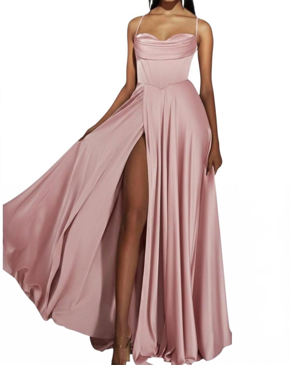NEW ALYCE PARIS cowl neckline satin a-line prom dress with slit in rosewater